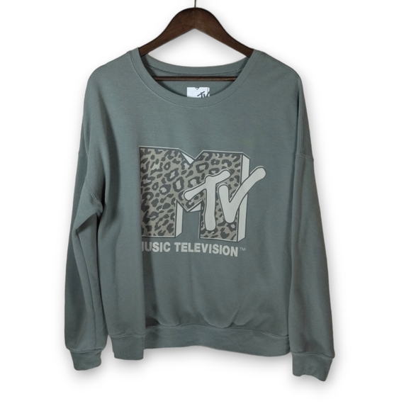 MTV Sage Green Leopard Print Logo Sweatshirt - Picture 1 of 6